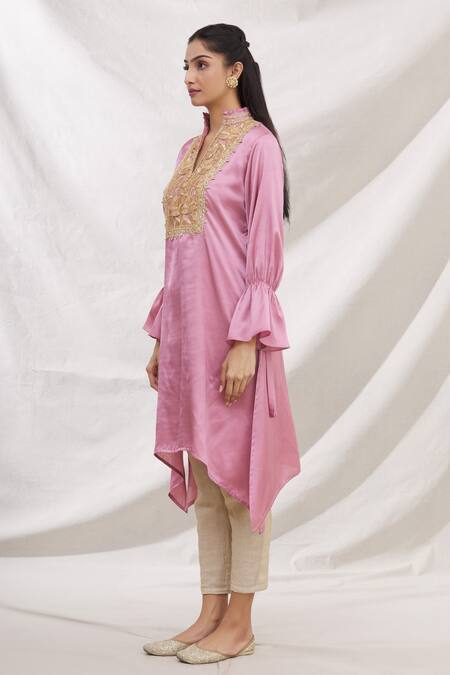 Shop_Bhairavi Jaikishan_Pink Modal Satin Embroidered Gota And Lace V Neck Leaf Asymmetric Kurta_Online_at_Aza_Fashions