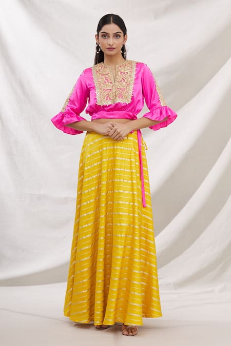 Bhairavi Jaikishan Yellow Satin And Brocade Embroidered Lace & Gota Notched Skirt & Top Set 