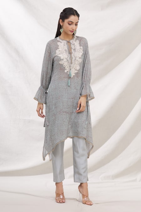 Bhairavi Jaikishan Grey Mulmul Embroidered Resham Round Printed Asymmetric Kurta  