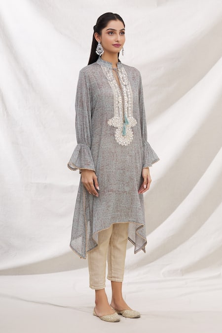 Bhairavi Jaikishan_Grey Mulmul Embroidered Resham Band Collar Asymmetric Kurta_Online_at_Aza_Fashions