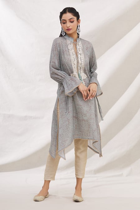 Buy_Bhairavi Jaikishan_Grey Mulmul Embroidered Resham Band Collar Asymmetric Kurta_Online_at_Aza_Fashions