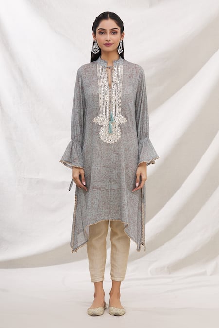 Shop_Bhairavi Jaikishan_Grey Mulmul Embroidered Resham Band Collar Asymmetric Kurta_Online_at_Aza_Fashions