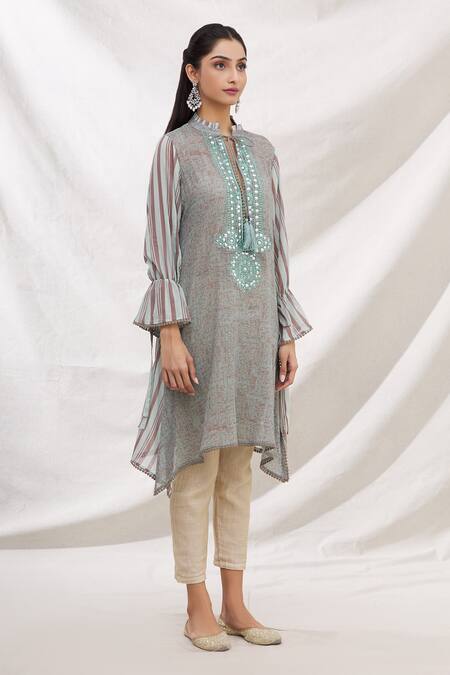 Bhairavi Jaikishan_Grey Mulmul Embroidered Resham Band Collar Asymmetric Kurta_Online_at_Aza_Fashions