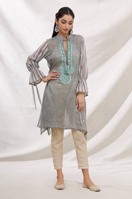 Buy_Bhairavi Jaikishan_Grey Mulmul Embroidered Resham Band Collar Asymmetric Kurta_Online_at_Aza_Fashions
