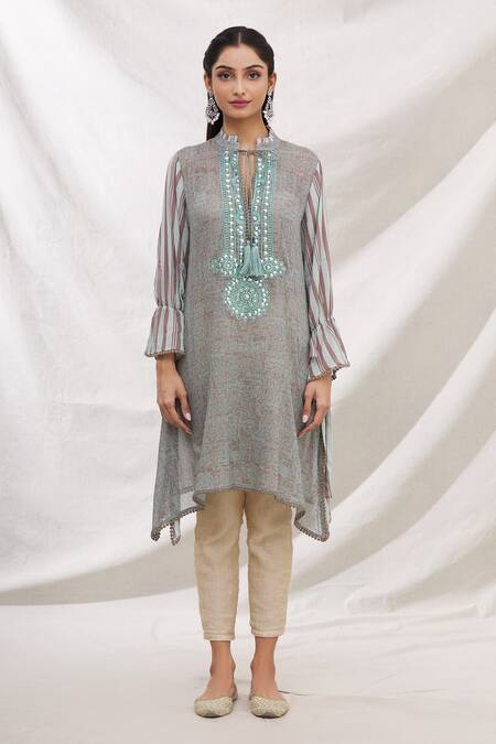 Shop_Bhairavi Jaikishan_Grey Mulmul Embroidered Resham Band Collar Asymmetric Kurta_Online_at_Aza_Fashions
