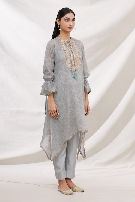Bhairavi Jaikishan_Grey Mulmul Embroidered Resham Band Collar Printed Asymmetric Kurta_Online_at_Aza_Fashions
