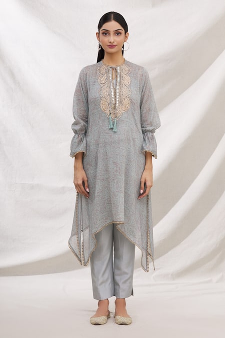 Shop_Bhairavi Jaikishan_Grey Mulmul Embroidered Resham Band Collar Printed Asymmetric Kurta_Online_at_Aza_Fashions