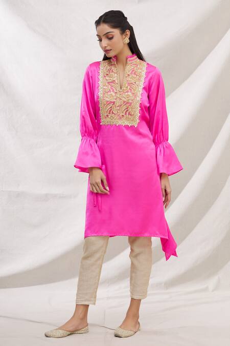 Buy_Bhairavi Jaikishan_Pink Modal Satin Gota And Lace Notched Floral Embroidered Asymmetric Kurta_Online_at_Aza_Fashions
