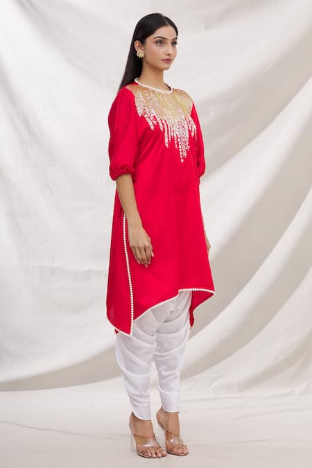 Bhairavi Jaikishan_Red Modal Satin Sequins Round Embroidered Kurta_Online_at_Aza_Fashions