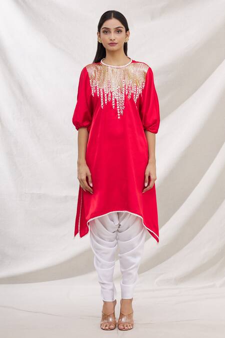 Buy_Bhairavi Jaikishan_Red Modal Satin Sequins Round Embroidered Kurta_Online_at_Aza_Fashions