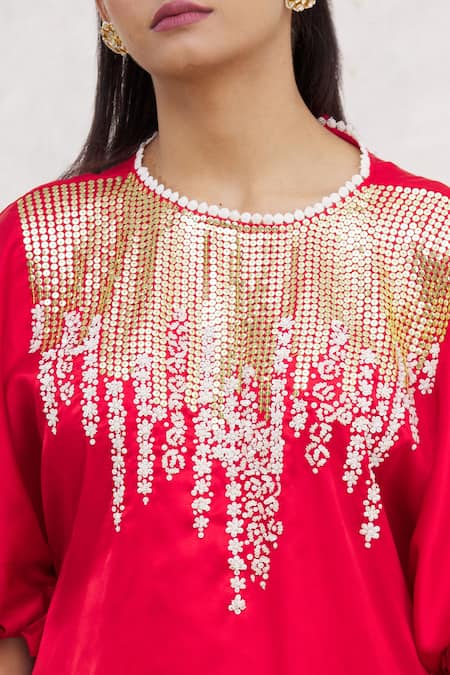 Shop_Bhairavi Jaikishan_Red Modal Satin Sequins Round Embroidered Kurta_Online_at_Aza_Fashions