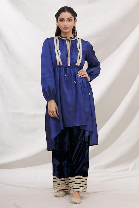 Bhairavi Jaikishan Blue Kurta Modal Satin Pant Velvet Embroidered Gota And Lace & Set  