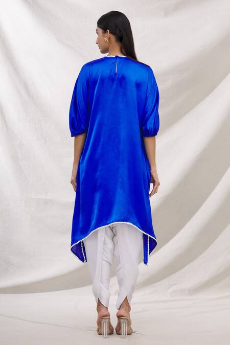 Shop Bhairavi Jaikishan Blue Modal Satin Embroidered Resham Round Floral Kurta at Aza Fashions Shop_Bhairavi Jaikishan_Blue Modal Satin Embroidered Resham Round Floral Kurta_at_Aza_Fashions