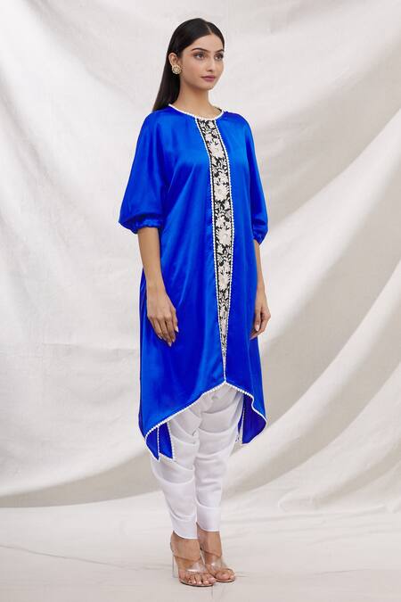 Bhairavi Jaikishan Blue Modal Satin Embroidered Resham Round Floral Kurta Online at Aza Fashions Bhairavi Jaikishan_Blue Modal Satin Embroidered Resham Round Floral Kurta_Online_at_Aza_Fashions
