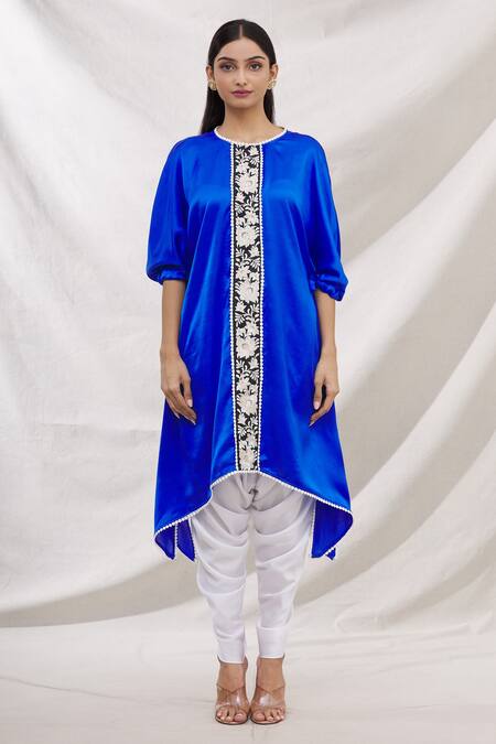 Buy Bhairavi Jaikishan Blue Modal Satin Embroidered Resham Round Floral Kurta Online at Aza Fashions Buy_Bhairavi Jaikishan_Blue Modal Satin Embroidered Resham Round Floral Kurta_Online_at_Aza_Fashions