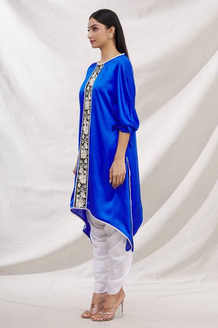 Shop Bhairavi Jaikishan Blue Modal Satin Embroidered Resham Round Floral Kurta Online at Aza Fashions Shop_Bhairavi Jaikishan_Blue Modal Satin Embroidered Resham Round Floral Kurta_Online_at_Aza_Fashions