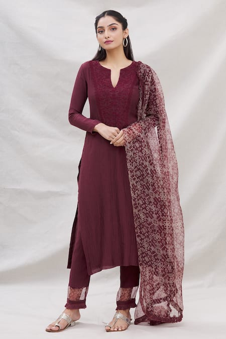 Neha Khullar Brown Chanderi Silk, Organza Embroidery, Thread And Bandhani Print Kurta Set For Kids Online at Aza Fashions Neha Khullar_Brown Chanderi Silk, Organza Embroidery, Thread And Bandhani Print Kurta Set For Kids_Online_at_Aza_Fashions