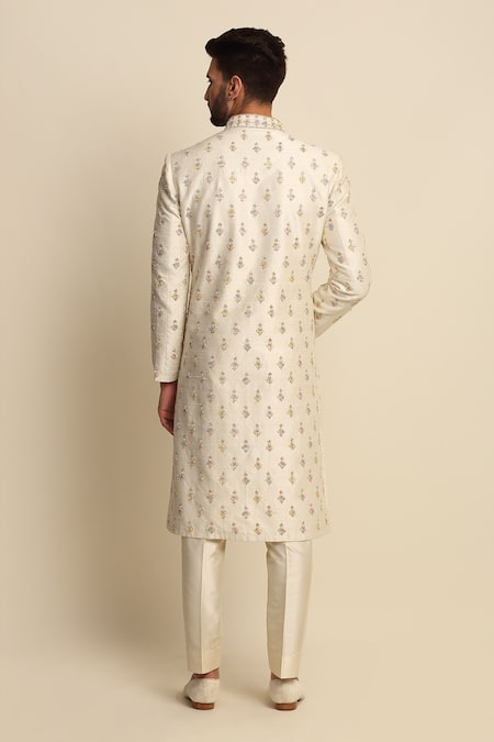 Shop_Priyanka Jain_White Raw , Crepe, Habudai Floral Embroidered Sherwani And Kurta Set _at_Aza_Fashions