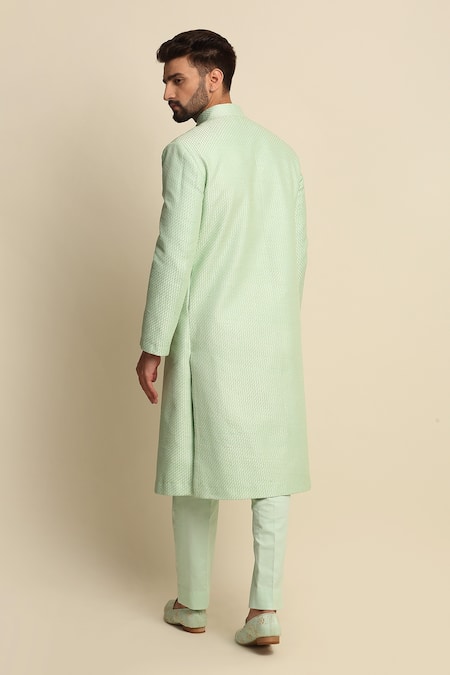 Shop_Priyanka Jain_Green Cotton, Raw Silk, Crepe Embroidered Sherwani And Kurta Set _at_Aza_Fashions