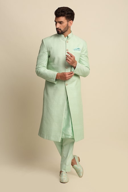 Priyanka Jain_Green Cotton, Raw Silk, Crepe Embroidered Sherwani And Kurta Set _Online_at_Aza_Fashions