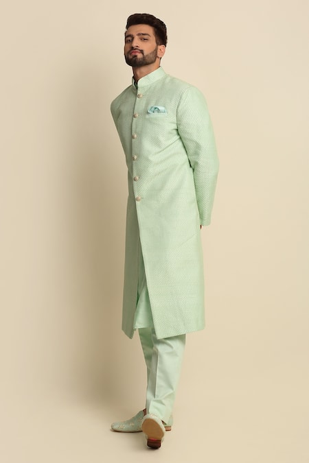 Buy_Priyanka Jain_Green Cotton, Raw Silk, Crepe Embroidered Sherwani And Kurta Set _Online_at_Aza_Fashions