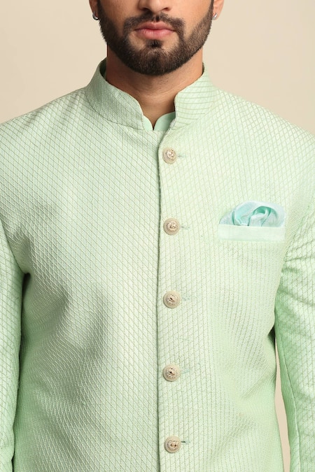 Shop_Priyanka Jain_Green Cotton, Raw Silk, Crepe Embroidered Sherwani And Kurta Set _Online_at_Aza_Fashions