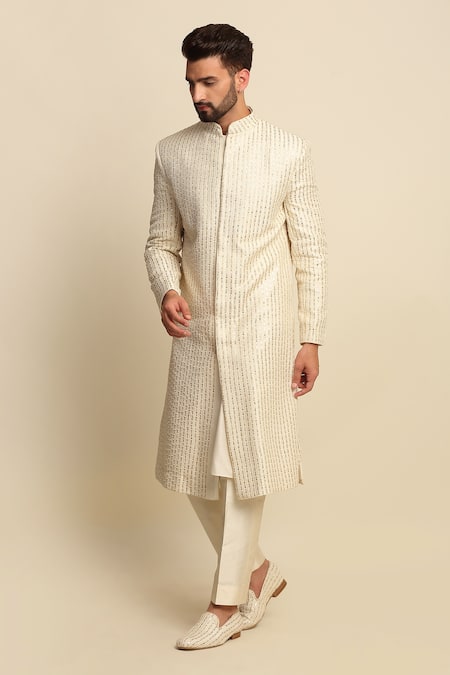 Buy_Priyanka Jain_White Raw Silk Embroidered Sequin Work Sherwani And Kurta Set _Online_at_Aza_Fashions