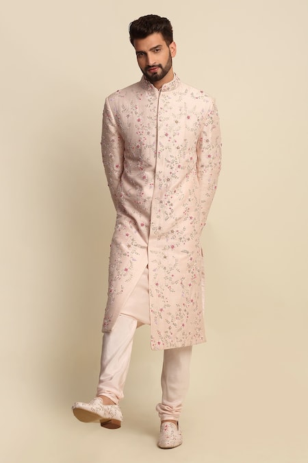 Priyanka Jain Pink Raw Silk Embroidered Floral Motifs Sherwani And Kurta Set