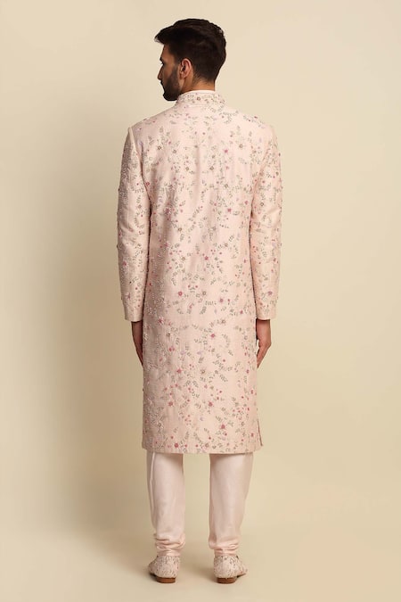 Shop_Priyanka Jain_Pink Raw , Crepe, Habudai Floral Embroidered Sherwani And Kurta Set _at_Aza_Fashions