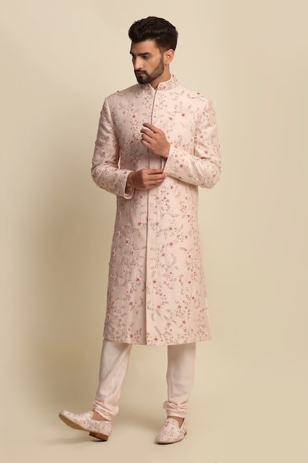 Priyanka Jain_Pink Raw , Crepe, Habudai Floral Embroidered Sherwani And Kurta Set _Online_at_Aza_Fashions