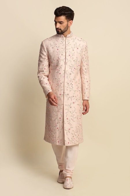 Buy_Priyanka Jain_Pink Raw , Crepe, Habudai Floral Embroidered Sherwani And Kurta Set _Online_at_Aza_Fashions