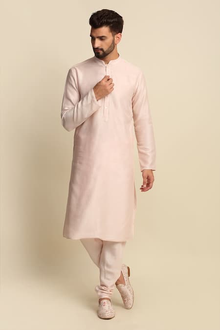 Shop_Priyanka Jain_Pink Raw , Crepe, Habudai Floral Embroidered Sherwani And Kurta Set _Online_at_Aza_Fashions