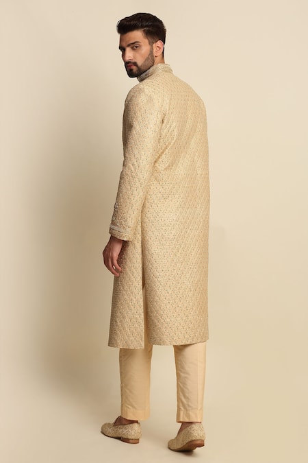 Shop_Priyanka Jain_Gold Raw Silk Embroidered Dori Work Sherwani And Kurta Set _at_Aza_Fashions