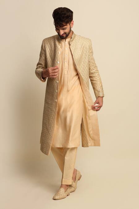 Buy_Priyanka Jain_Gold Raw Silk Embroidered Dori Work Sherwani And Kurta Set _Online_at_Aza_Fashions