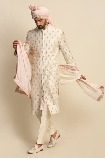 Priyanka Jain_Beige Silk, Raw Silk, Crepe Floral Motifs, Embroidered Sherwani And Kurta Set _Online_at_Aza_Fashions