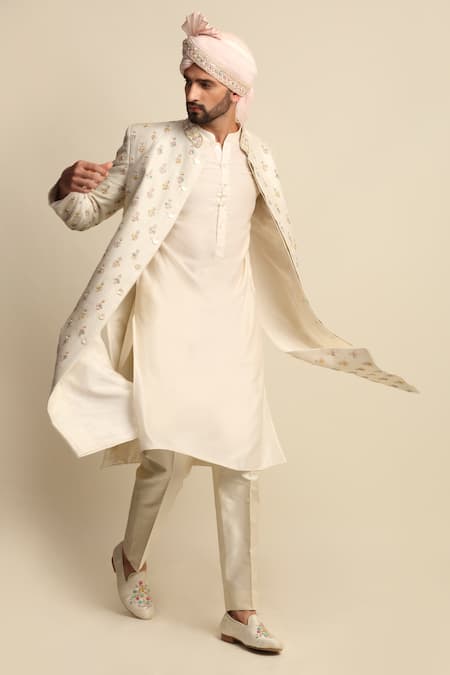 Buy_Priyanka Jain_Beige Silk, Raw Silk, Crepe Floral Motifs, Embroidered Sherwani And Kurta Set _Online_at_Aza_Fashions