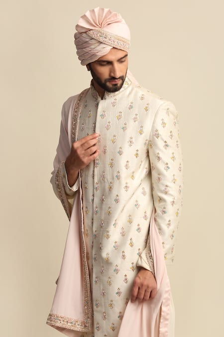 Shop_Priyanka Jain_Beige Silk, Raw Silk, Crepe Floral Motifs, Embroidered Sherwani And Kurta Set _Online_at_Aza_Fashions