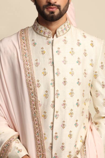 Priyanka Jain_Beige Silk, Raw Silk, Crepe Floral Motifs, Embroidered Sherwani And Kurta Set _at_Aza_Fashions
