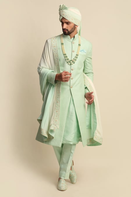 Priyanka Jain Green Raw Silk Embroidered Sherwani And Kurta Set
