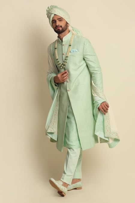 Shop_Priyanka Jain_Green Silk, Raw Silk, Crepe Embroidered Sherwani And Kurta Set _at_Aza_Fashions