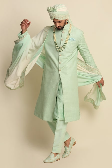 Priyanka Jain_Green Silk, Raw Silk, Crepe Embroidered Sherwani And Kurta Set _Online_at_Aza_Fashions