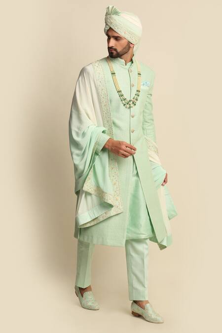 Buy_Priyanka Jain_Green Silk, Raw Silk, Crepe Embroidered Sherwani And Kurta Set _Online_at_Aza_Fashions