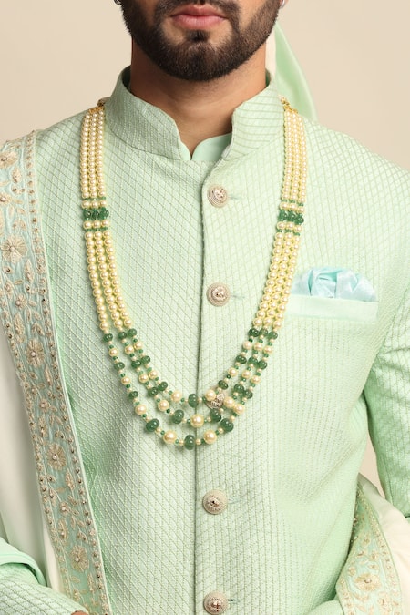 Shop_Priyanka Jain_Green Silk, Raw Silk, Crepe Embroidered Sherwani And Kurta Set _Online_at_Aza_Fashions