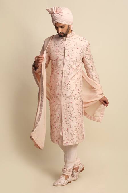 Shop_Priyanka Jain_Pink Silk, Raw Silk, Crepe Floral Motifs, Jaal Embroidered Sherwani And Kurta Set _at_Aza_Fashions
