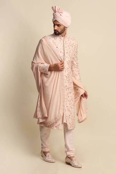 Priyanka Jain_Pink Silk, Raw Silk, Crepe Floral Motifs, Jaal Embroidered Sherwani And Kurta Set _Online_at_Aza_Fashions