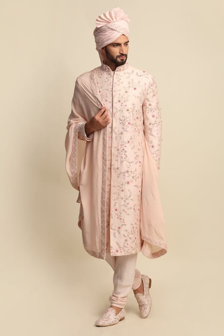 Buy_Priyanka Jain_Pink Silk, Raw Silk, Crepe Floral Motifs, Jaal Embroidered Sherwani And Kurta Set _Online_at_Aza_Fashions