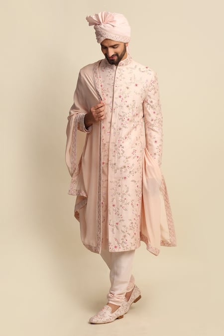 Shop_Priyanka Jain_Pink Silk, Raw Silk, Crepe Floral Motifs, Jaal Embroidered Sherwani And Kurta Set _Online_at_Aza_Fashions