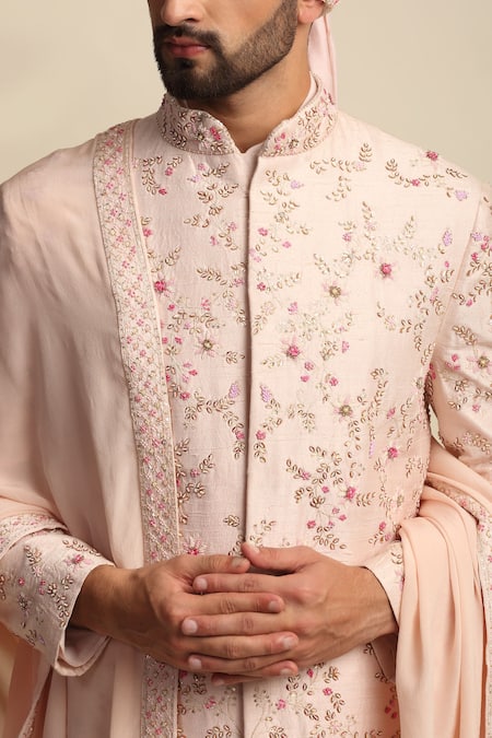 Buy Pink Kurta Raw Silk Embroidered Thread Floral With Bell Bottom Pant For  Men by Amrit Dawani Online at Aza Fashions.