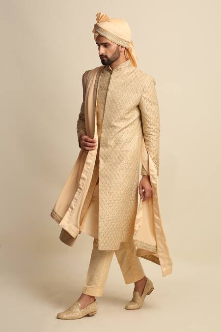 Shop_Priyanka Jain_Gold Raw Silk Embroidered Dori Work Sherwani And Kurta Set _at_Aza_Fashions