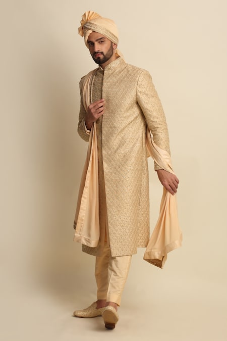 Buy_Priyanka Jain_Gold Raw Silk Embroidered Dori Work Sherwani And Kurta Set _Online_at_Aza_Fashions